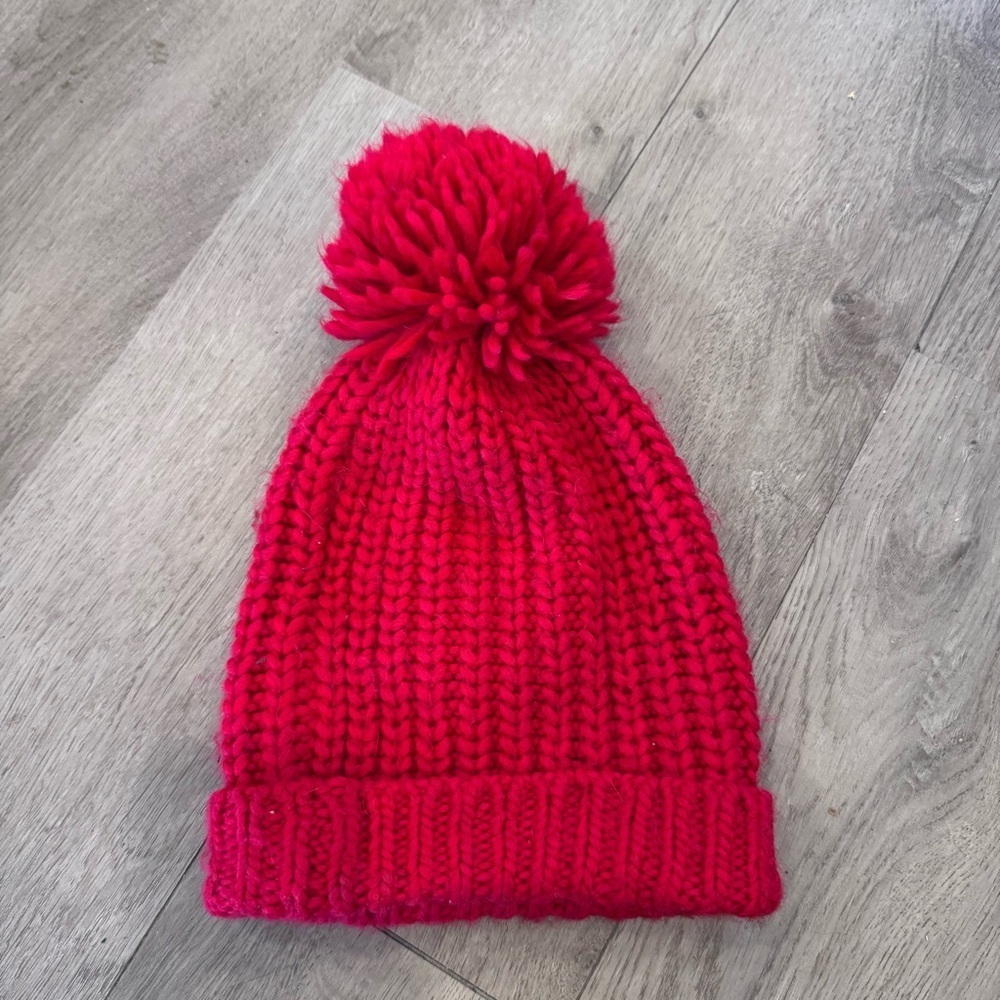 Abercrombie & Fitch Red Cuffed Chunky Knitted Pom-Pom Beanie Acrylic Winter Hat